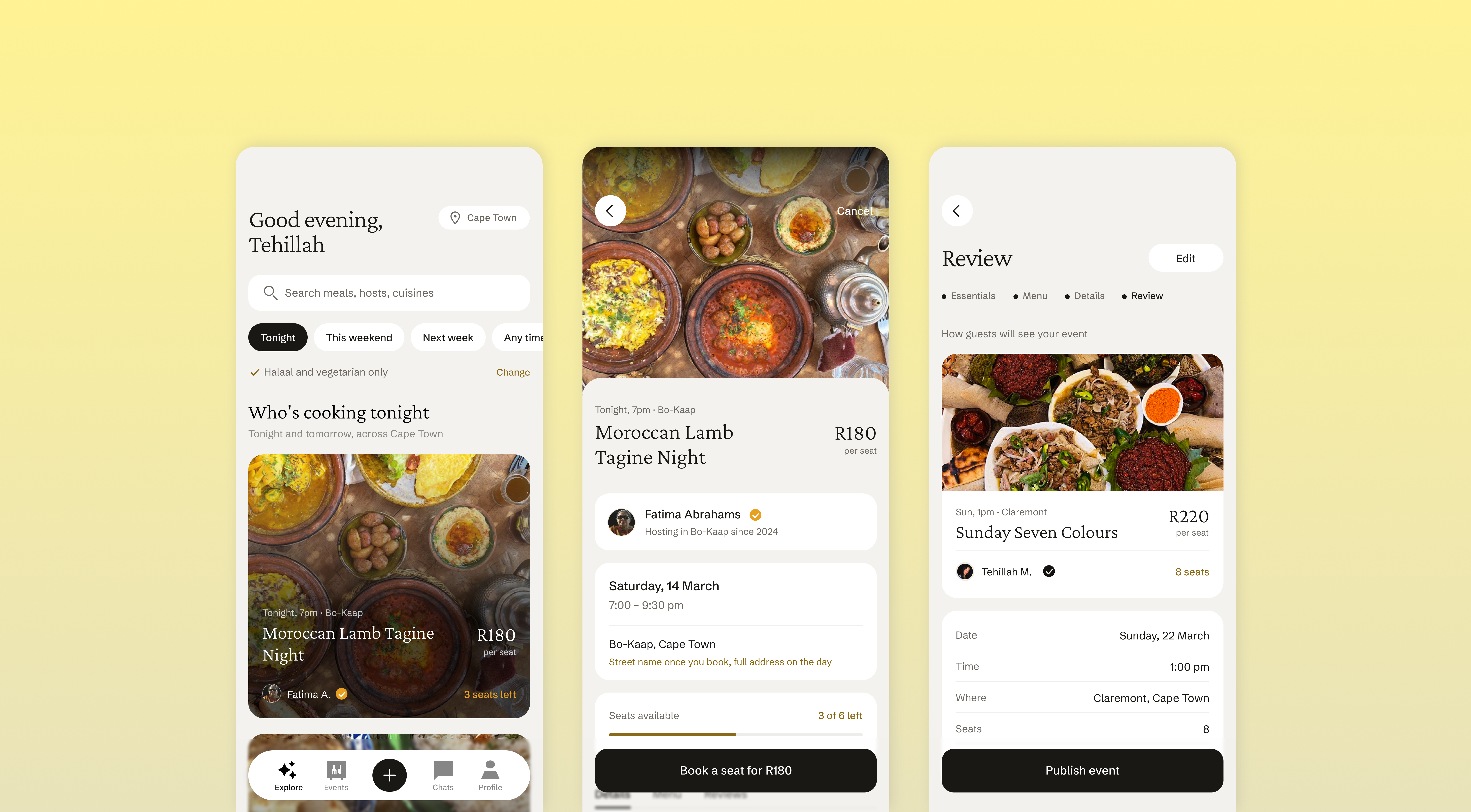 Sisonke app screens: Explore, Event detail, and Review
